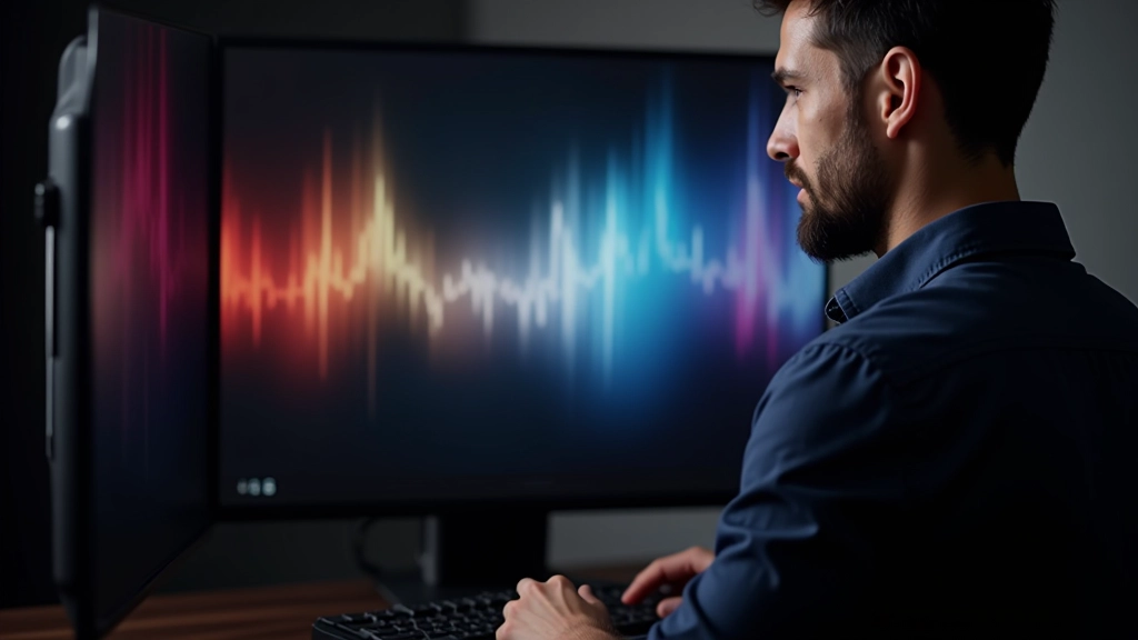 Monitor de color calibrado en estudio profesional mostrando degradados y referencias de color para verificación de espacios RGB