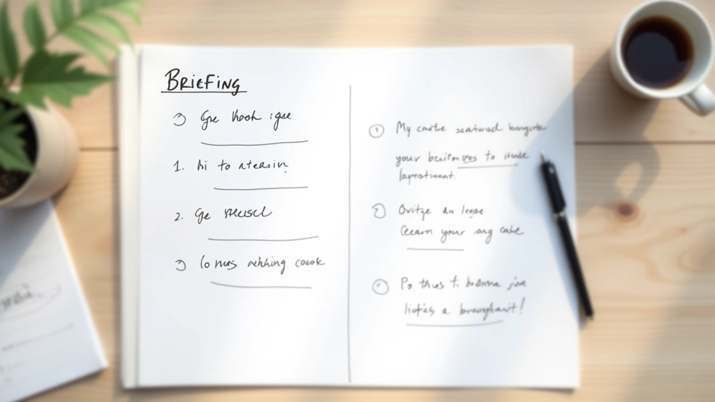 Notas manuscritas de estructura de briefing creativo con esquemas y puntos clave organizados