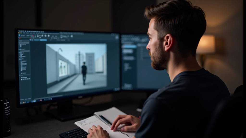 Motion designer revisando archivos finales de render en pantalla de computadora profesional