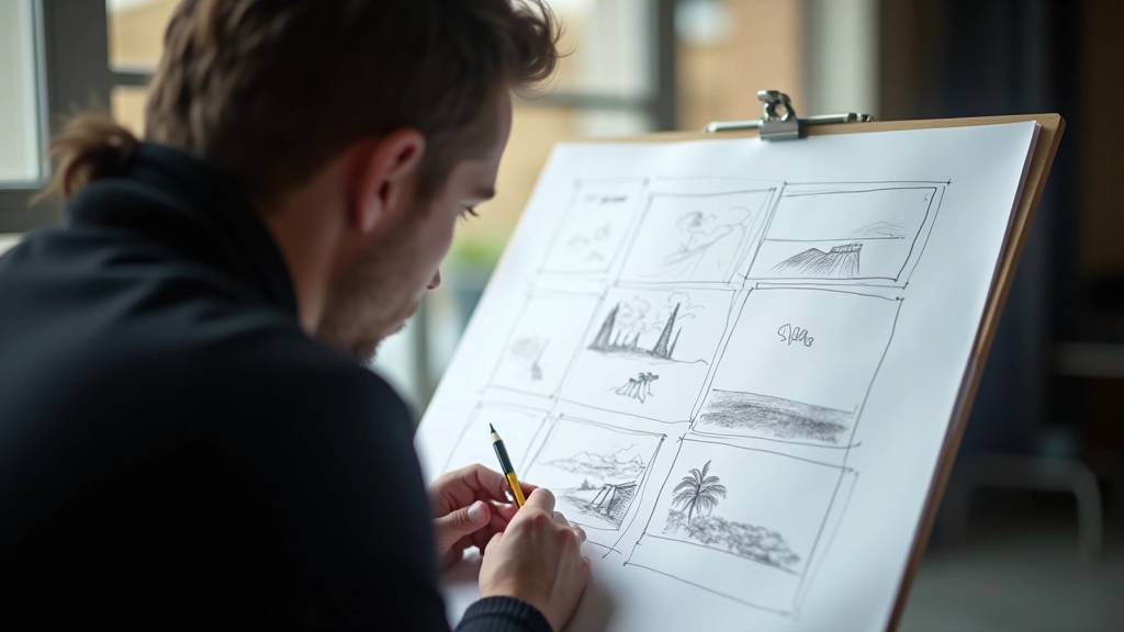 Director creativo dibujando storyboards en papel con diferentes planos y composiciones