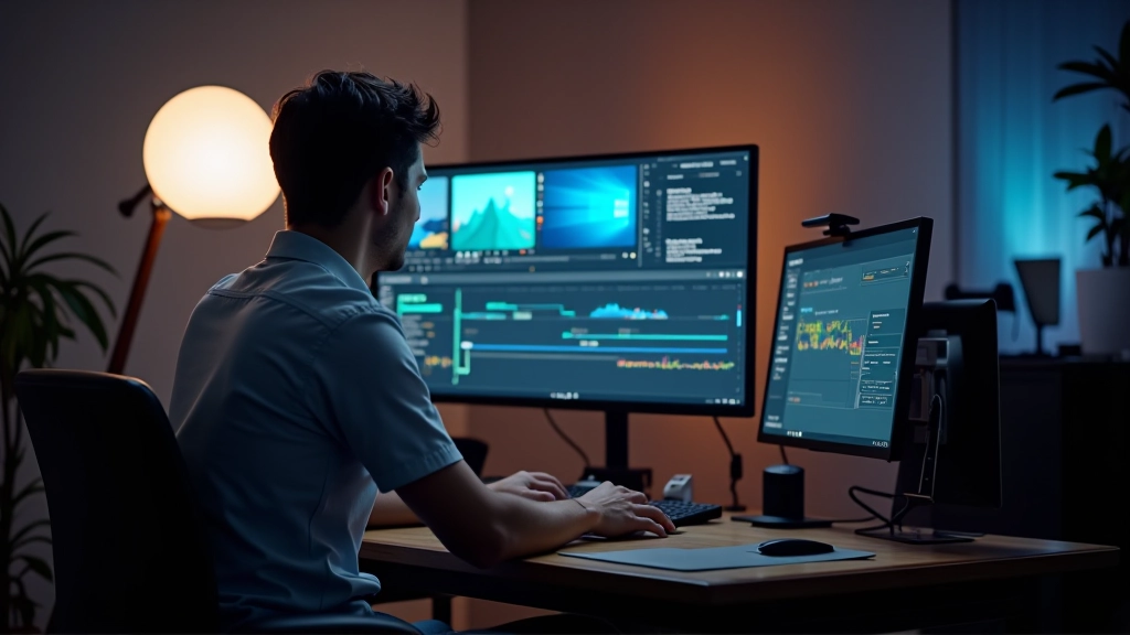 Diseñador trabajando en computadora con software de motion graphics en pantalla brillante