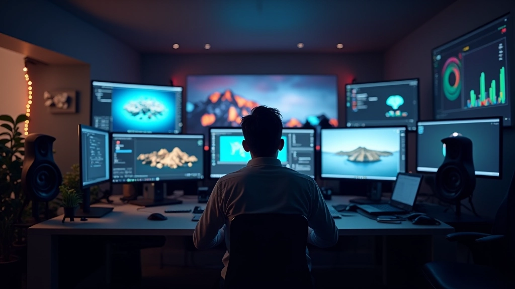 Estudio de motion design profesional con equipos de renderizado y pantallas de trabajo mostrando proyectos en progreso