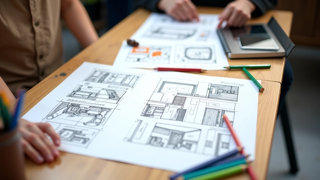 Mesa de trabajo con bocetos, storyboards y notas de conceptualización de proyectos visuales