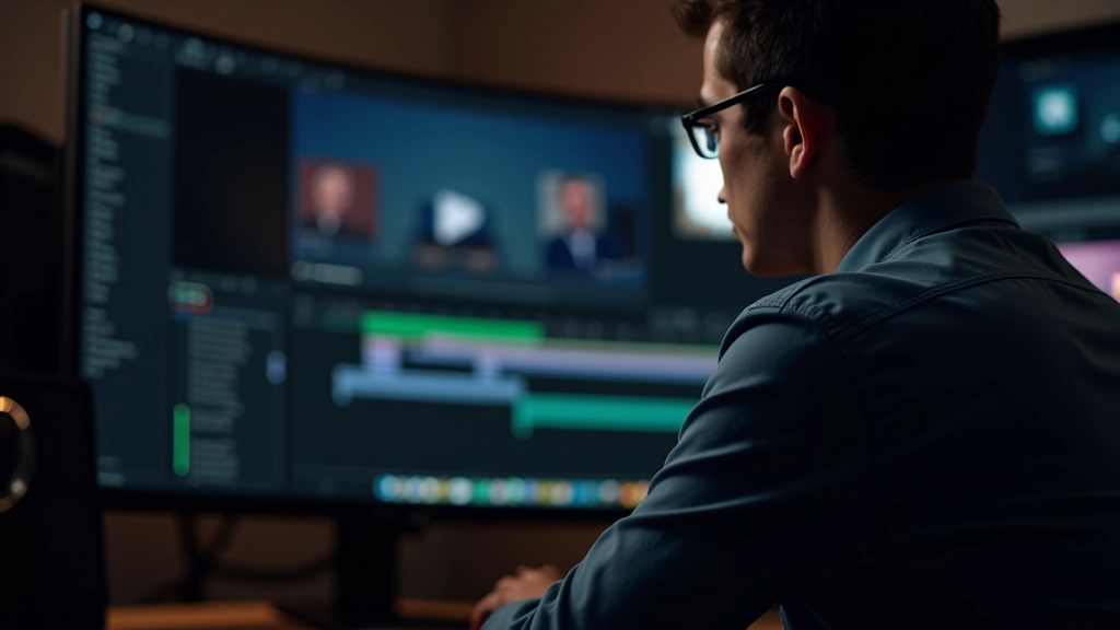 Computadora mostrando software de edición de video con animatic en línea de tiempo, clips de audio sincronizados